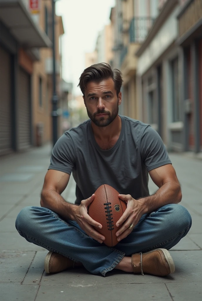 photo of kris_evans <lora:kris_evans-06:1> wearing a shirt and jeans and holding an american football, style of (Terry Richardson:Mark Henderson:Rick Day)