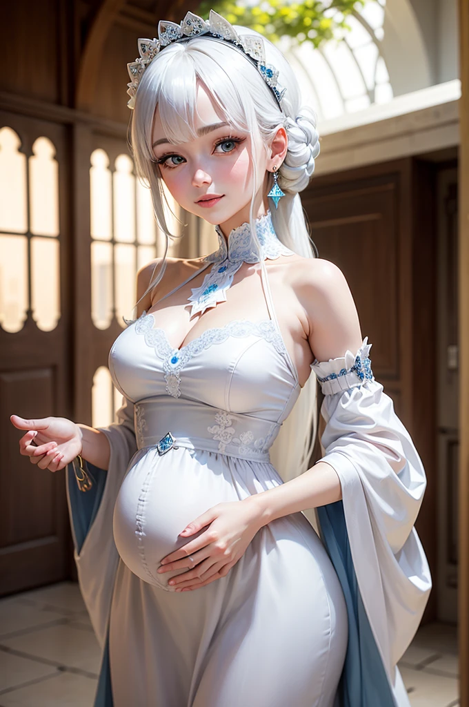 photo depicting moment of love between mother and baby, in bed, young woman sona from league of legends, long blue hair with two tails, big breasts breastfeed your child, long blue hair, her little female baby 3 year, naked on the blanket