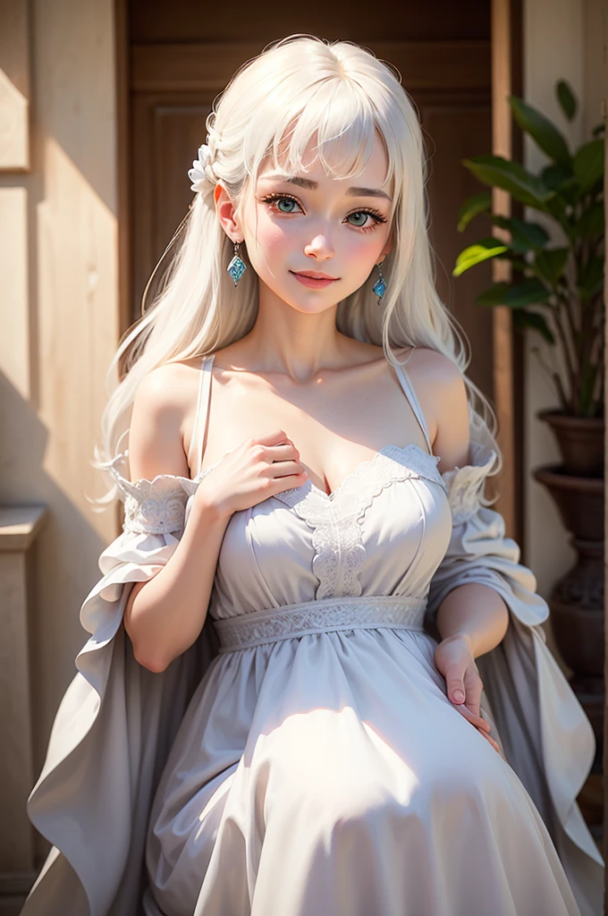 1 Girl, Beautiful, Baby Face, 20 Years Old, White Skin, Big Breasts, Pose, Cleavage, Perfect Lolita Dress, White Eye, Muscles:1.3, Outdoor, Bokeh:1.1, Drill Hair, Tied Hair, ((White Gradient Coloured Hair))