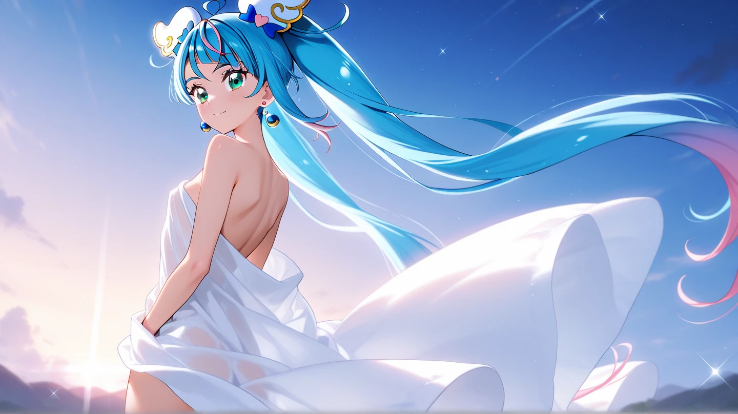 (masterpiece, best quality), 1 elven girl, ( bear whole of body, nipples), (bare lower half of body), (light blue hair, twin tails ,very long hair is fluttering in the wind), hair between eyes, multi colored hair,hair flower ornament , bare body , closed mouth, standing, closed eyes, flower, large breast ,sky, hair flower, hair bun, blurry, from side, hands up, profile, night, floating hair, depth of field, pink rose, moon, crescent, aqua flower, butterfly, star (sky), night sky, starry sky, red rose, blurry foreground, planet