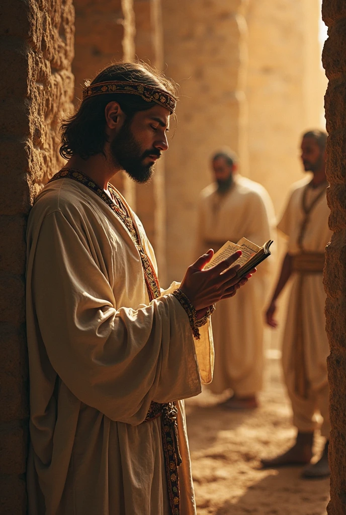 Create a hyper-realistic and mysterious image of Solomon observing a group of merchants in a room full of treasures, while he is in a corner, calmly studying a scroll. The merchants are busy counting and weighing gold, inattentive to Solomon&#39;presence. The scene aims to highlight the contrast between the merchants&#39; frantic search for wealth and Solomon&#39;His serenity., that is focused on something of greater value. Lighting should be soft, with a golden focus on the scroll and Solomon&#39;the contemplative expression of s, suggesting that true success comes from wisdom, not of impulsive accumulation.
