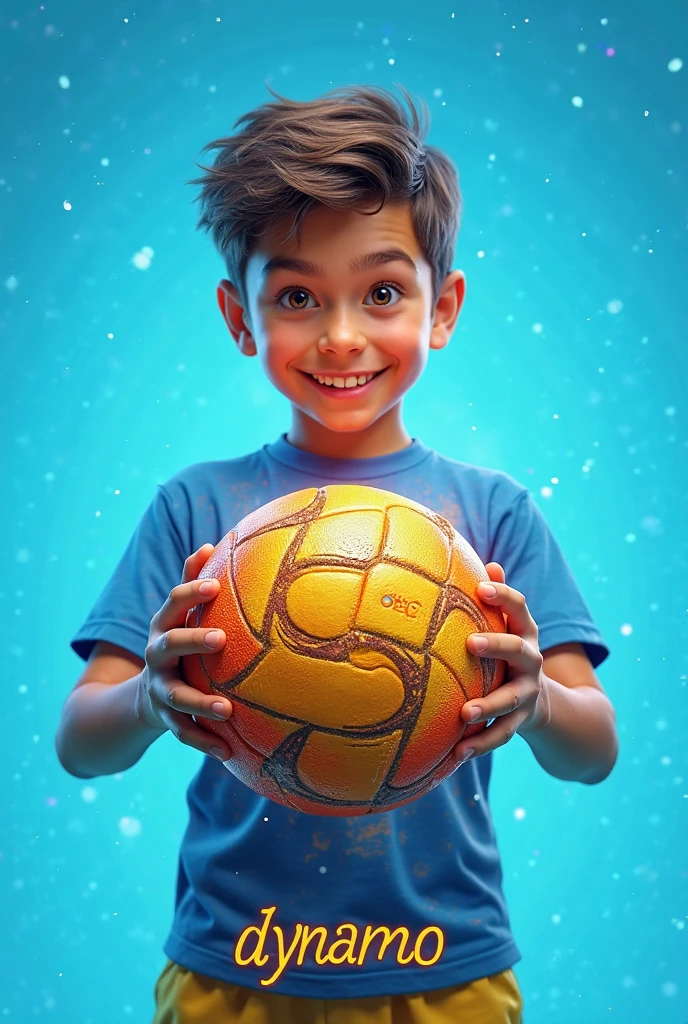 A brown-skinned boy with short black curls,Blauen Augen, und ein Orangenen Ball inder Hand,hits the hand of a girl who has skin like snow,blauen Augen,Kurze Blonde Haare und ein Handball in der Hand ein