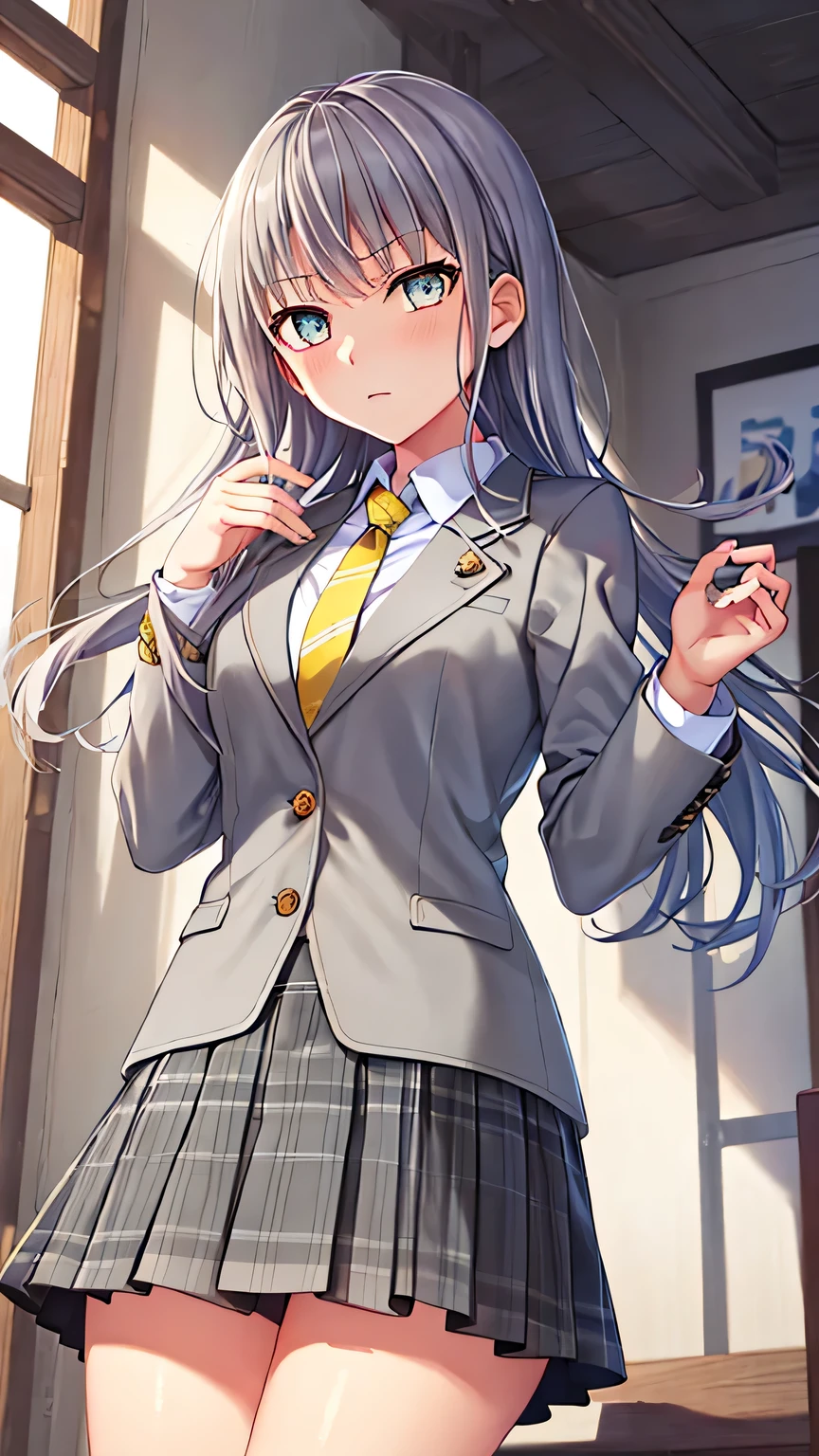 {{{masterpiece}}}, (best quality:1.5), (ultra-detailed:1.5), {illustration}, {{an extremely delicate and beautiful}}, (beautiful detailed eyes:1.6), absurdres, highres, extremely detailed face, 16k, hd, visual anime de uma jovem mulher, extremamente bonito rosto de anime, anime melhor garota, (perfect hands, perfect anatomy), (five fingers:1.1), anime face, minato yukina(bang dream), minato_yukina_bangdream, 1girl, solo, cute face, long hair, (straight hair:1.2), grey hair, bangs, sidelocks, (yellow eyes:1.3), medium breasts, big hips, curvaceous, BREAK, {Haoka Girls' School Uniform(Winter clothes)}, {school uniform}, (grey jacket:1.3), long sleeves, grey sleeves, (close blazer:1.2), white shirt, collared shirt, (brown tie:1.2), striped necktie, (grey skirt:1.3), (gingham check skirt:1.2), miniskirt, pleated skirt,