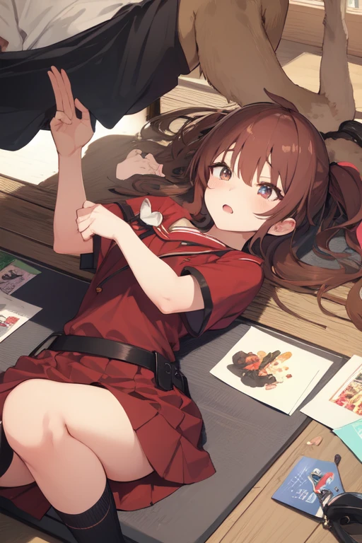 a girl lying inside a cardboard box, she has her hands and feet tied, 1trainerleaf1, sleeveless shirt, black wristbands, visible thighs,thick thighs,red skirt,blue shirt, brown eyes, white panties, innocent look, View from above, gift bow