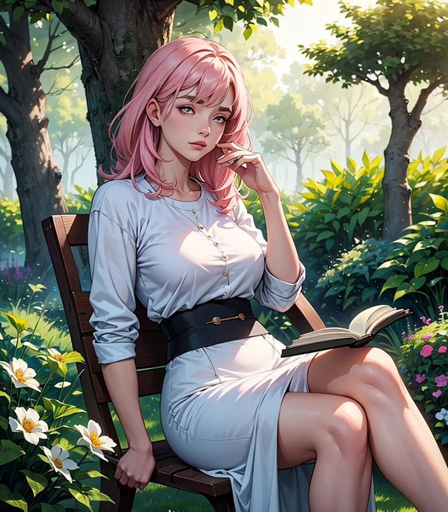 A girl sitting on a stool in a garden, wearing a flowing dress, engrossed in reading a book by Franz Kafka. Her feet are bare, touching the ground softly. The garden is filled with colorful flowers and lush greenery. The sunlight filters through the leaves, casting gentle shadows on the ground. The girl is in a butterfly pose, her legs folded gracefully, and her hands resting on her knees. Her face is illuminated by the warm sunlight, with a serene expression. The butterfly pose signifies inner peace and tranquility. The atmosphere is realistic and photorealistic, with attention to detail. The colors are vibrant and vivid, highlighting the beauty of nature. The lighting is natural, emphasizing the soft and warm tones.