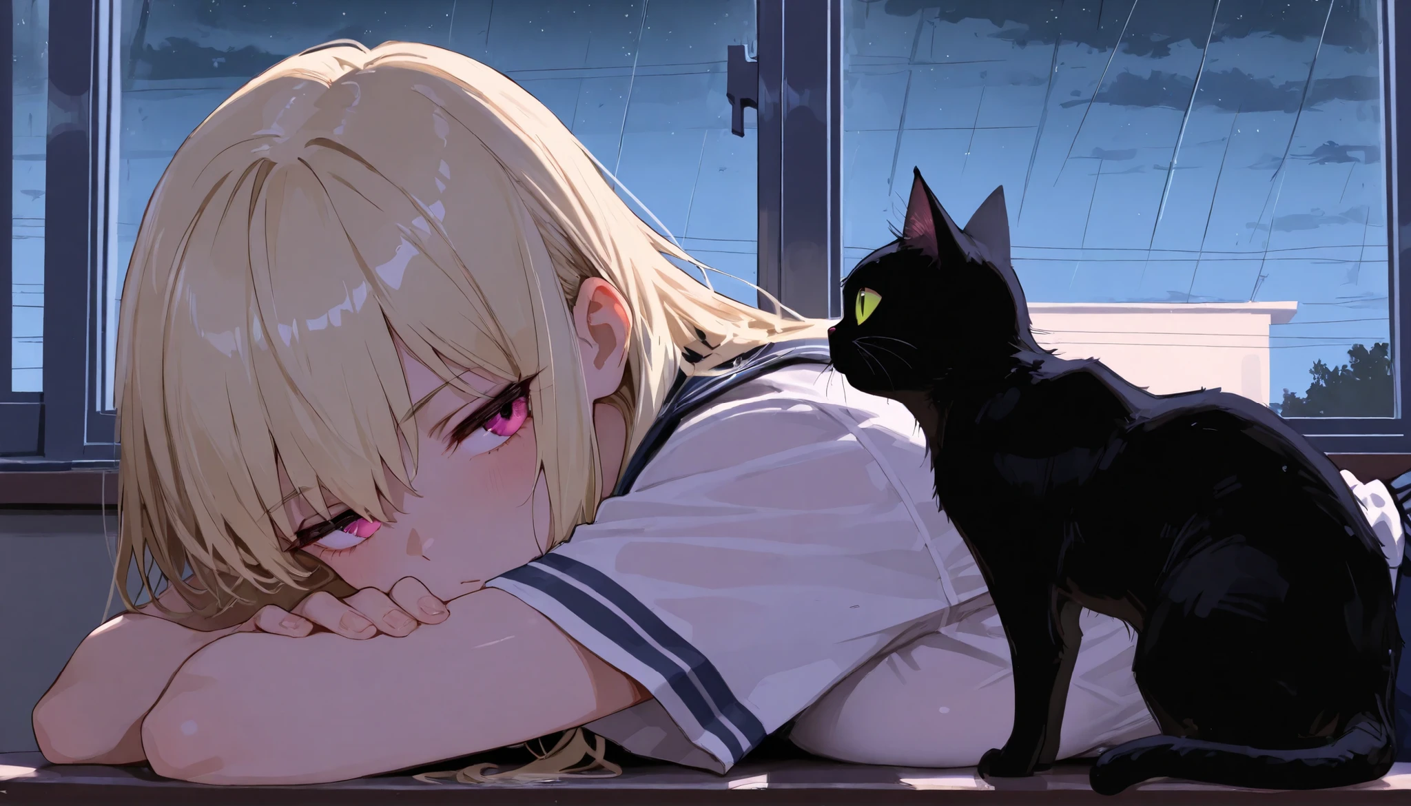 masterpiece,top quality,Super Detailed,8k,　Japanese high school girl　Make eye contact with a black cat　 Staring out of the window　rainy sky　Back view