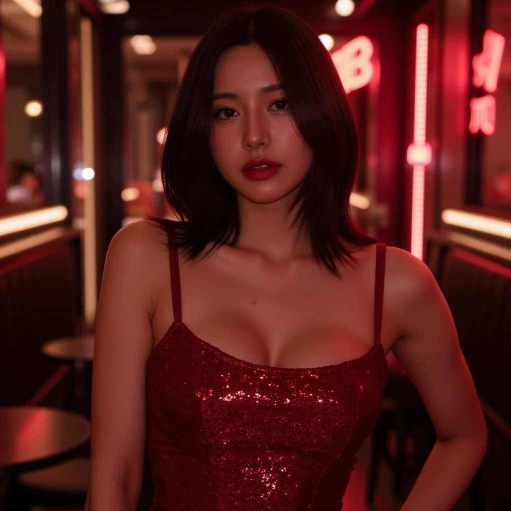 ((best quality)), ((masterpiece)), (detailed), 1girl, selfie, sexy dress, nightclub