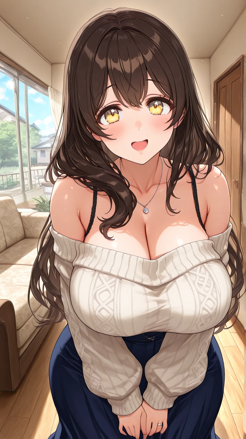 (table top, highest quality, High resolution, , perfect pixel, 4k,), 1 girl, single, alone, Beautiful woman、I could see the whole body、 ((wavy middle hair, bangs, brown hair)), ((brown eyes, beautiful eyelashes, realistic eyes)), ((detailed face, blush:1.2)), ((smooth texture:0.75, realistic texture:0.65, realistic:1.1, Anime CG style)), medium breasts, dynamic angle, perfect body, ((, beige off shoulder sweater、Tight denim skirt、black stockings、cute necklace、earrings、)), upper grade、shy smile、Luxury hotel room、sleep on your back in bed、((open legs))、angle from below、Put your arms together to accentuate your cleavage、、((Pink lace panties are visible))、