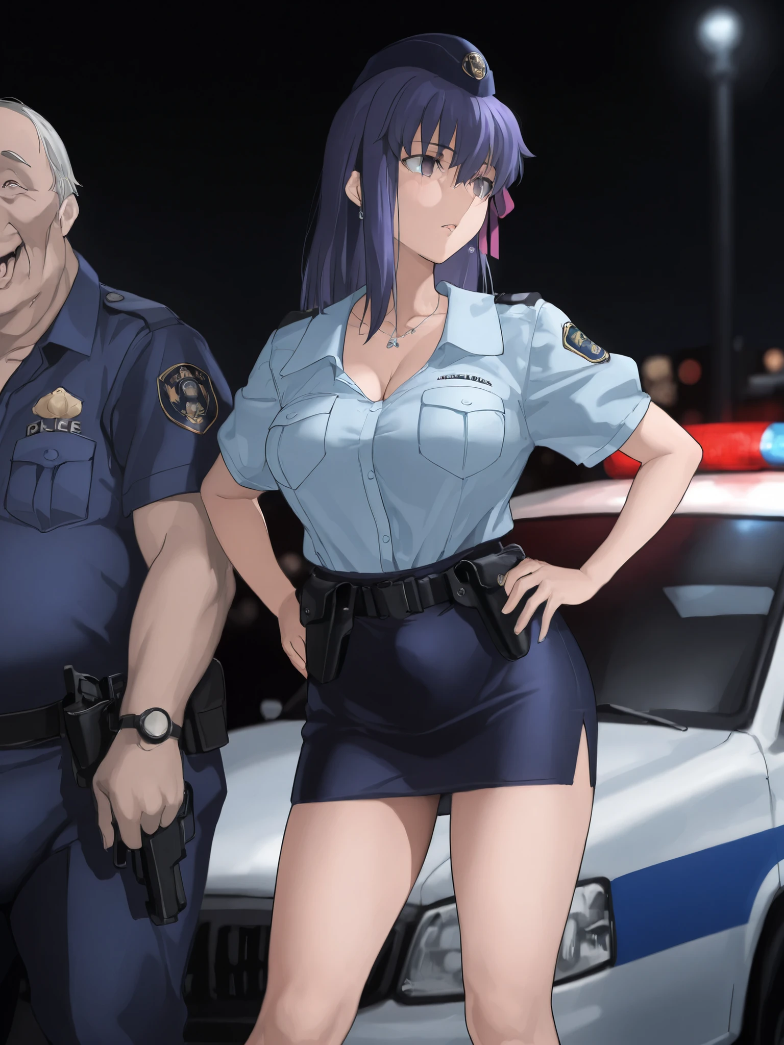 90s anime style, matou sakura, long hair, hair ribbon, purple hair, hazy purple eyes, purple ribbon, hair between eyes, girls warm chatting fave, heavy breasts - generous cleavage, she is wearing simple necklace, simple earrings, garrison cap, open police uniform, blue sleeved policewoman outfit, miniskirt, standing side by side, ((they seem to be talking with each other)), ((she is standing perfectly legs apart with both arms on hips)), collarbone, police walkie talkie on her shoulder,seductive thin expression, (her brown eyes soft hazy gaze at kochikame), (depth of field:1.3),night, ((background view of shibuya-ku at night)), dark Shibuya-ku city scape, ( watching the traffic at night in Shibuya junction), (ikuchan_kaoru:0.8),(wtparadise:0.9), (close-up half body), from side, masterpiece,best quality, BREAK, with ugly man, fat man, kochikame paunchy man, BREAK, ((police car)), (((night_time))), (men are having a big bulge), (pistol holsters on their hip belt), traffic night - outdoor, on the side of the road, people are passing by in backgrounds, ((police line))