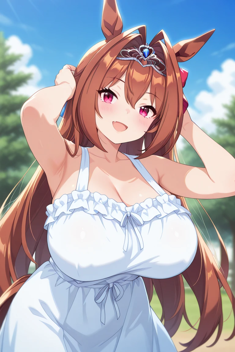 1Girl, pecorine_(princess_connect!) , princess_connect!, big breasts, shiny skin, blush, sun dress, spaghetti strap, see-through silhouette, ,cowboy shot, best quality, very aesthetic, absurdres