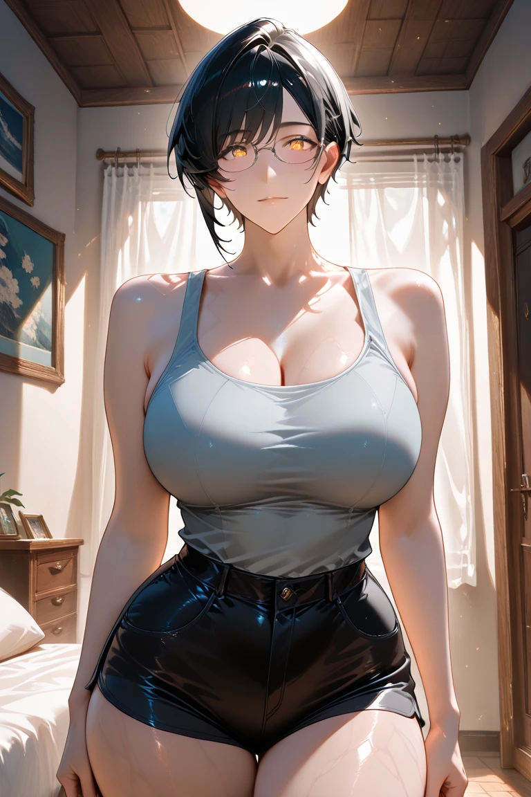 Girl, smile, red lips, big nose, big tits, big , big ass big butt, fair skin, short hair, black hair colors, glasses, black tanktop colors, navy undershorts colors, sexy girl, sexy body, big body, beautiful girl, awesome girl, sexy pose, realistic girl in room pose, gaze looking at the camera,
