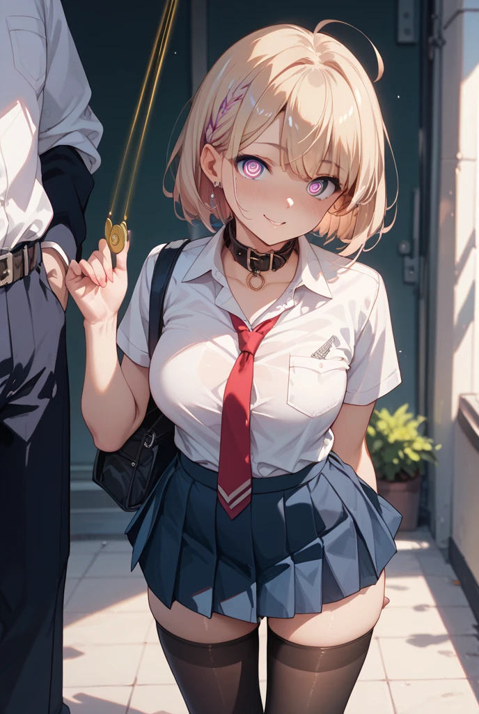 masterpiece, Highest quality, High resolution,(throw_hand grabbing chest),,One girl, One boy,Age difference,bow tie,Blonde,chest,Long Hair,Pink Hair,pleated skirt,Tucked in shirt,short hair,skirt,smile,Tent shirt,amusement_garden