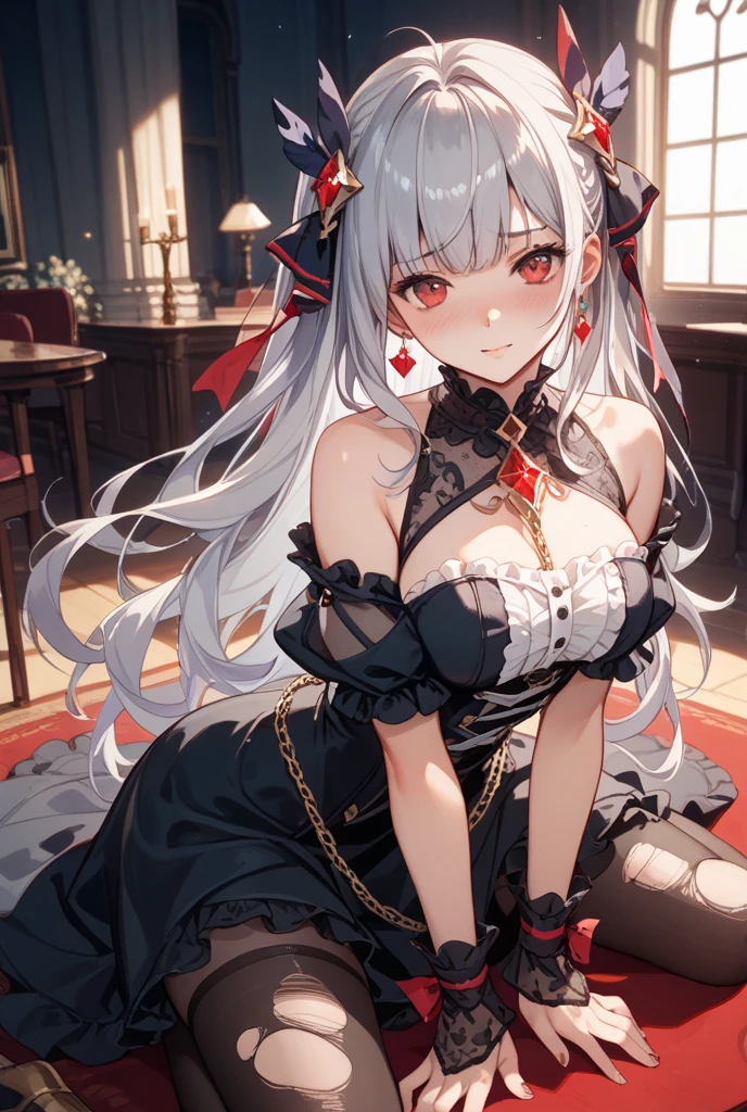 (masterpiece, best quality1.2),illustration,8k,hd,1girls,solo,hand up,(portrait:1.2),long_hair,large_breasts,red_eyes,very_long_hair,bangs,twintails,ribbon,grey_hair,cleavage,hair_ribbon,two-tone_ribbon,between_breasts,black_dress,dress,frills,bare_shoulders,frilled_dress,long_sleeves,two-tone_dress,jewelry,earrings,