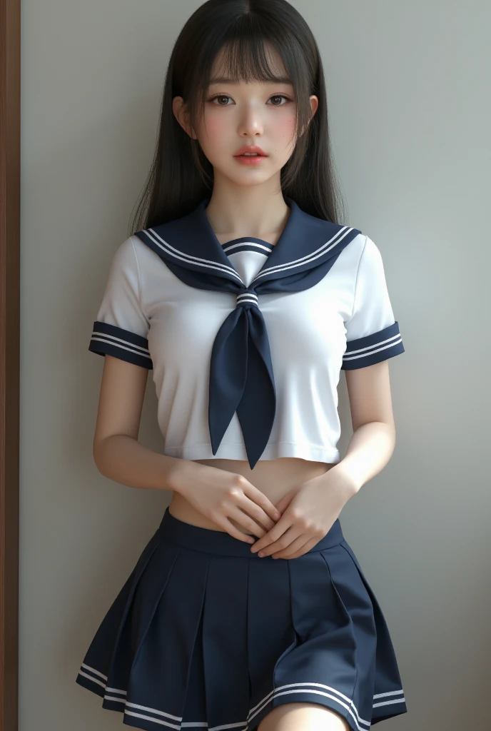 ((top quality, 8k, masterpiece: 1.3)), 1 girl, beauty with slender abs: 1.3, (medium short hair, big: 1.2), sailor suit: 1.1, ultra detailed face, detailed eyes, double eyelids, black pleated skirt, full body, navel