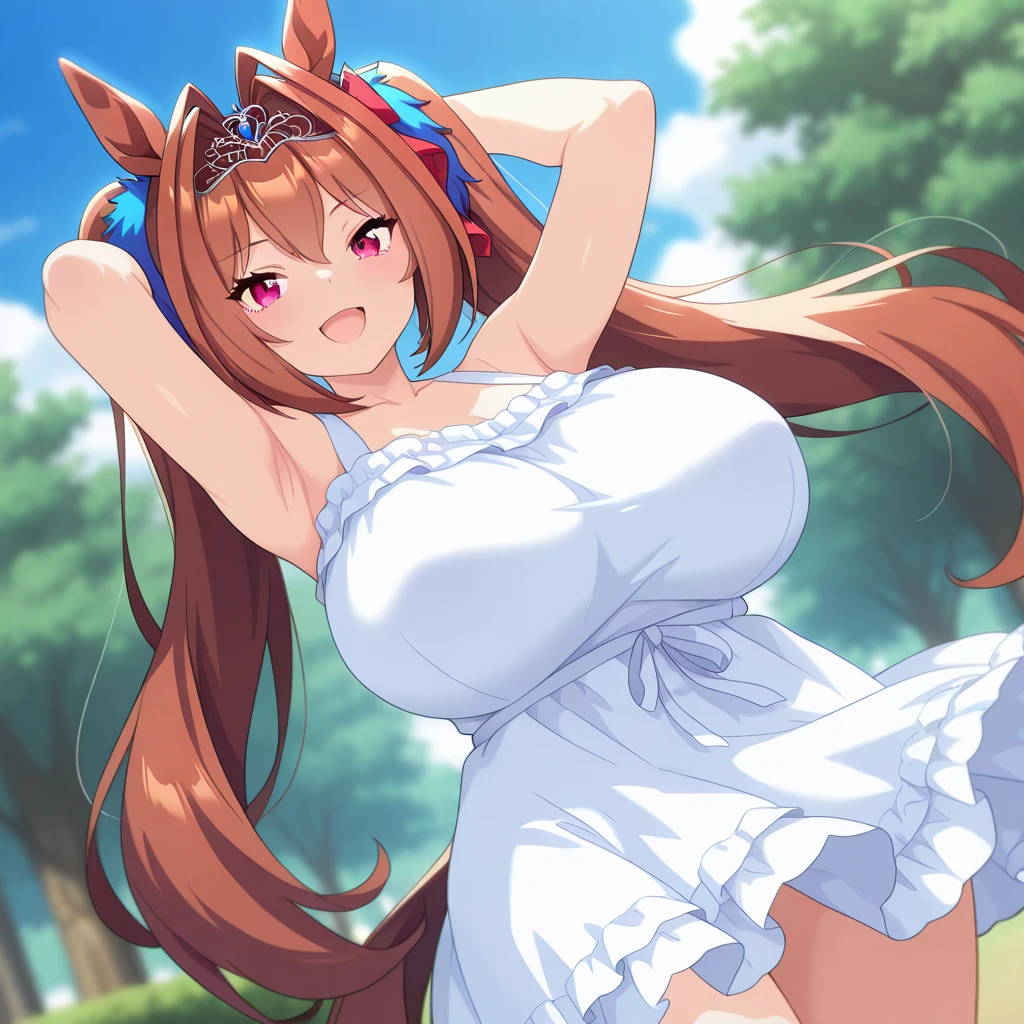 Daiwascarlet, uma-musume, (solo), (dark purple tight brm:1.3), (gym uniform:1.2), BREAK, (bursting disproportionately gigantic huge breasts:1.3), skinny, very short torso, narrow waist, long legs, swaying back, BREAK, (show off cameltoe), BREAK, nsfw, orgasm, forced smile, brm digging deep into cameltoe, pussy juice