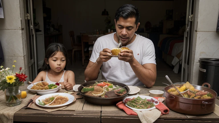 Extremely beautiful and tattooed real heterosexual couple in the kitchen cooking. He has short dark hair and a beard. She has long, black hair. At the table four children are eating. There are three female children and one male child..