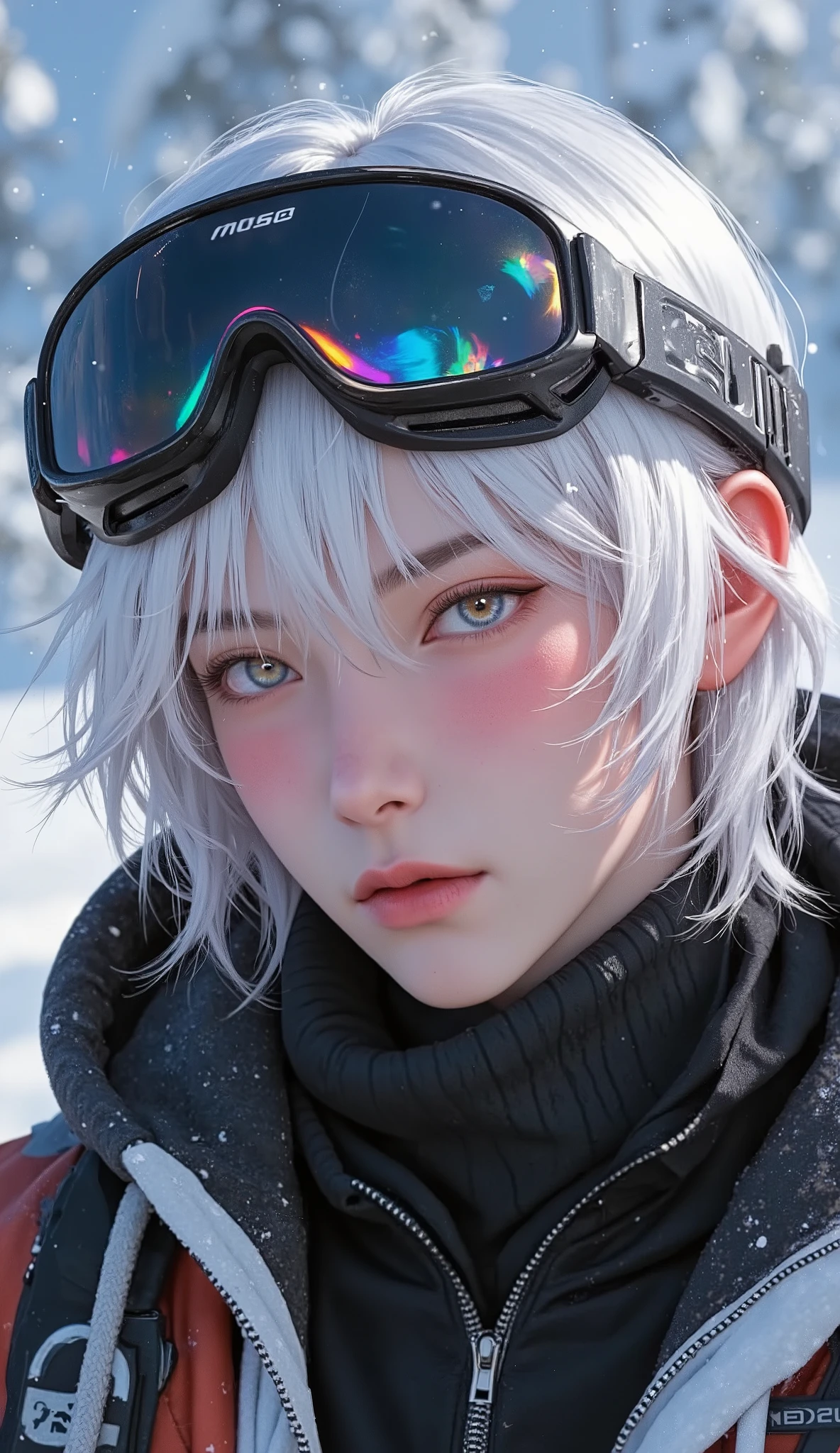 commercial Product、Hi-Tech Headphones, Sci Fi Future Headphones, (Top Quality, 8K, Masterpiece: 1.3)), Sharp Focus: 1.2, (Young male, handsome, One Bangs Cover Right Eyes, Tied-Back hair, Medium hair, jfcut, Gold Amber Eyes, Flawless Eyes, ((Multicolour hair : Black and Silver)), freckles ,male focus, handsome man, thickly painted, semi-realistic art, semi-realistic art style, Wearing Headphones, Snowboarder Pro Player, Wearing Snowboarding Outfit, Snowy Place.