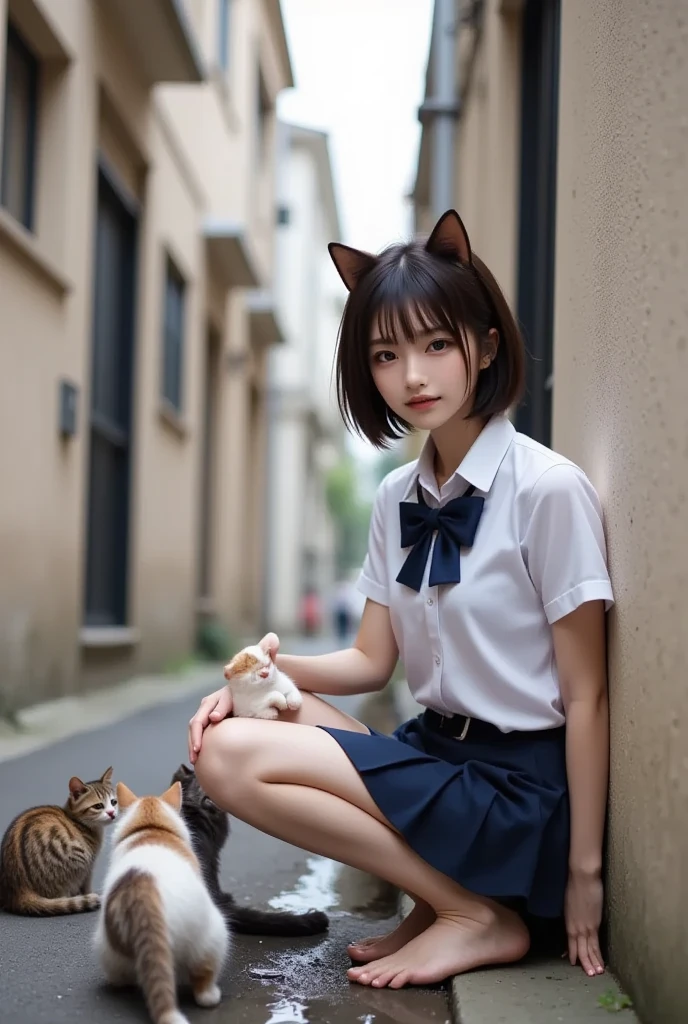 ((Masterpiece, Best Quality, Ultra Detail, Ultra High Resolution, Detailed Background, High Quality, Hyper-Realism)), A Girl Feeding a Cute Cat, Backlight, School Uniform, School, Sports Field, Summer, Sunset, Vista, Full Body, Realism, Sparkle, Cinematic Lighting, God Rays, Character Chart, Social Media Composition, Perspective, lens flare, bokeh, Eye-Level Shot, 8k, highres, best quality, textured skin, UHD, ccurate, high details