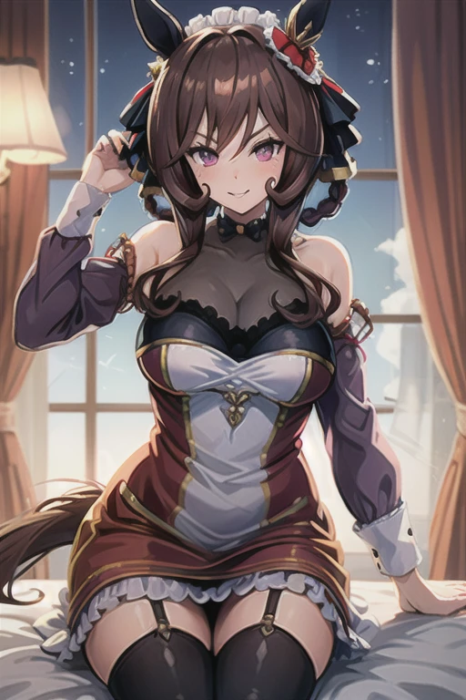 (masterpiece, best quality:1.2),illustration,8k,hd,1girl,solo,upper body,(portrait:1.2),hat,blue eyes,smile,cleavage,beret,fur trim,brown hair,belt,white shirt,short shorts,ponytail,red headwear,black shorts,black thighhighs,red ribbon,choker,red jacket,open jacket,open clothes,bangs,side ponytail,very long hair,medium breasts,shoes,<lora:Female-command(remake)-V1.2>,