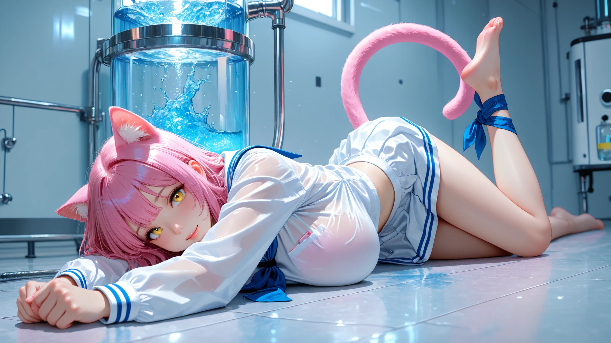One girl anime styled。girl with。Blue eyes。 in estruig fox Tail。Looking at the camera,fox ear, pink hair, white crop top, fox tail, girl 18 old , utral light, sitting in the bedroom,hair hair, wear pantie, wear dress, salon,Wet and see-through、cute little、blushed、Chest cleavage、thighs thighs thighs thighs、No bra、witheout panties、high-level image quality、Vivid、high detailing、(( breast: 1.2)), ((blush face: 1.3)),((wet clothes:1.5)),wear white legwear,pink bikini,,((peeing:1.5))