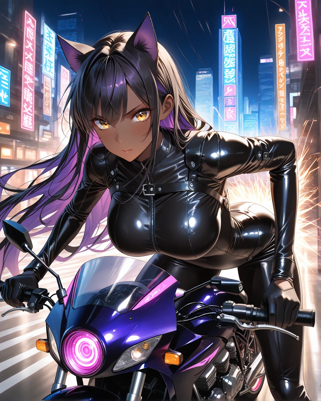 I imagine this girl with a futuristic appearance and full of mystery. Her body is wrapped in a purple and black bodysuit., Shiny chains intertwine around his arms and legs, as if they were metallic tattoos. The three-strand necklace, with its digit-shaped padlock, It is their symbol of submission and devotion. Her red hair falls in waves over her shoulders., and his green eyes flash with a mixture of passion and obedience. The black dress fits her curves, enhancing her voluptuous figure. Each chain that tightens around her skin is a reminder of her role as a beloved slave.. In the dark garage, the girl prepares for her master. The cyberpunk motorcycle awaits, its shiny surface reflecting the neon lights of the city. The cat-shaped helmet gives it a mysterious look, and the tail that extends from the back of the seat seems to have a life of its own. She rides the motorcycle with grace, speeding into the night. The wind whistles in his ears as he walks through the dark streets, ready to carry out her master&#39;s orders. In this futuristic world, where technology and passion intertwine, she is his slave, your confidant and your lover. The girl with chains and a cyberpunk motorcycle is an enigma, a mixture of desire and bondage. Its story unfolds in the twinkling lights of the city, and his figure becomes a legend in the night streets her bike had neon lights bright in the night.
