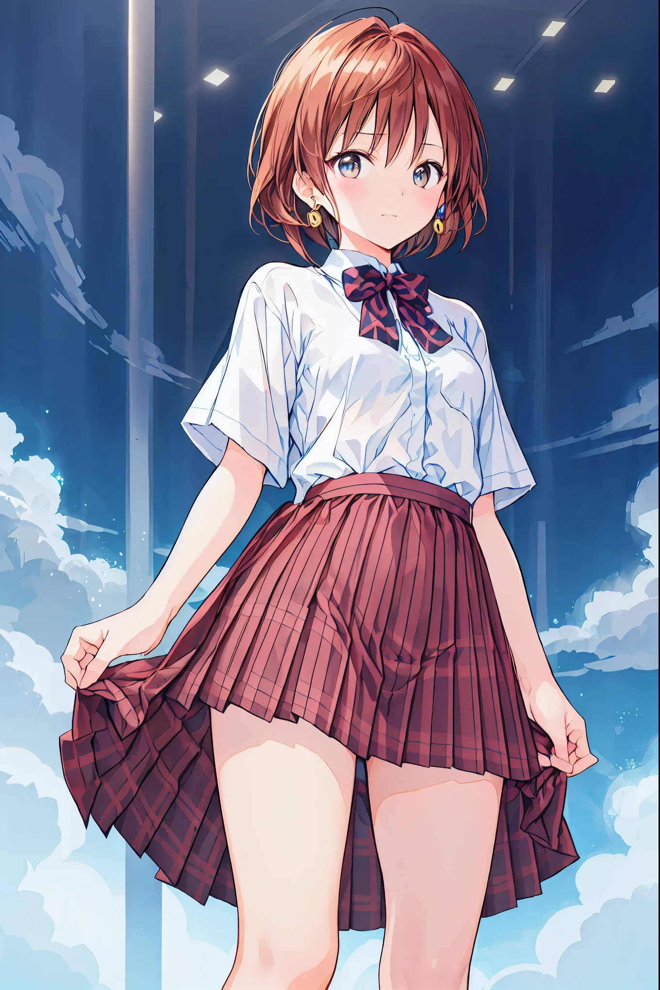 (top quality), ( very detailed), ( best illustrations ), (masterpiece), (Woman), High Contrast Meteor、Meteor Pouring Down from the Sky、Countless meteor showers , (small breasts), {brown hair, ( bob cut :1.3), curl hair , hair between eyes , Inner hair color}, {(fine grain), blue eyes }, , earrings for a Woman alone, wind,brown hair, shortcuts , tousled hair , short braided hair ,neat,Slender Beauty, correct posture,small breasts,beautiful legs, enchanting gray- blue eyes shine like stars,Saggy Eyes, bright color, Beautiful Eyes,A delicate smile, Wrinkled skin , top quality ,Gentle and beautiful woman,アニメwind、