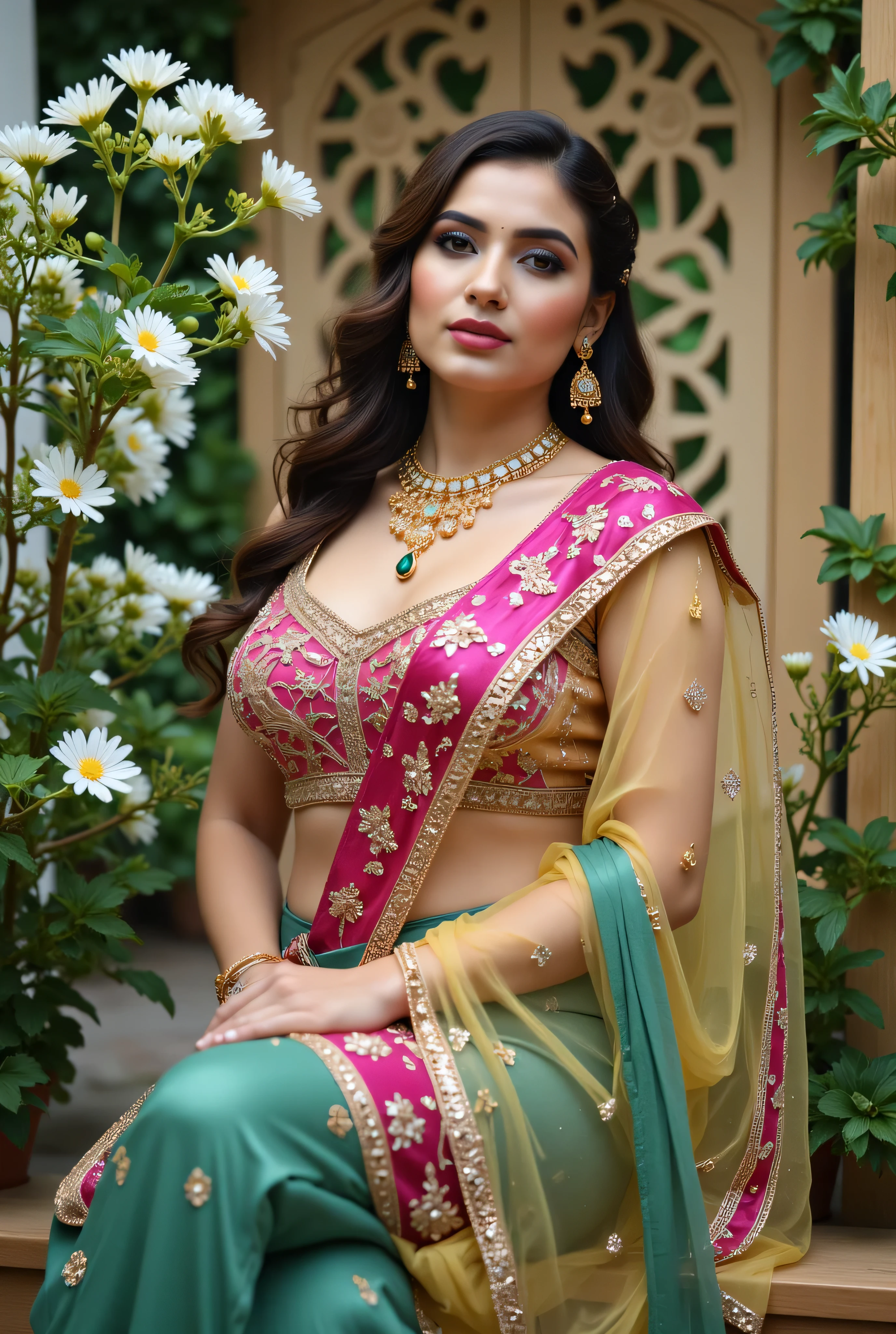 A beautiful Indian woman seated gracefully in an outdoor floral setting, wearing a traditional lehenga-choli ensemble with a richly embroidered magenta blouse, deep green skirt, and mustard-yellow dupatta draped across her shoulder. Her look is enhanced with intricate gold jewelry, including layered chokers, jhumka earrings, stacked bangles, and an emerald pendant. Her makeup is professionally applied with bold lips, defined eyebrows, and contoured cheeks. She has a symmetrical oval face, flawless skin, and flowing, softly curled dark brown hair. The backdrop features blooming white flowers and ornate wooden lattice panels, creating a serene and regal garden atmosphere. Studio-quality lighting with a cinematic bokeh foreground. Full-body composition, elegant posture, poised expression, royal Indian ethnic fashion, high realism, editorial photography style. high detail, DSLR quality, fashion editorial, traditional Indian attire, natural garden light, soft shadows, ethnic elegance, jewelry detail, realistic rendering, studio background bokeh