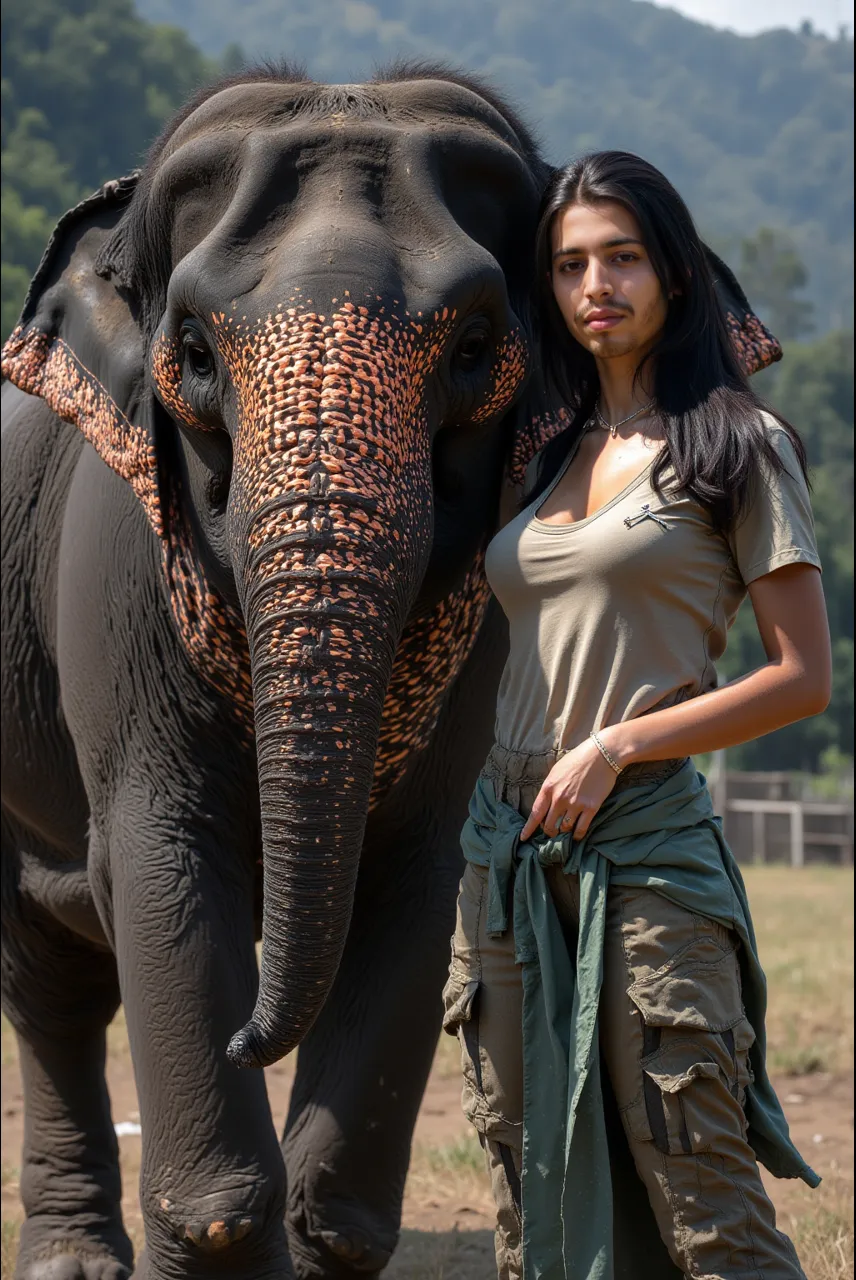 A girl with blue angel wings, riding an elephant on the steppe, mouth open, sunlight shining on her face, eyes looking forward, hair dotted with tulips, skin as white as peeled eggs, long braided hair black pigtails, with plump, seductive breasts. wearing red underwear and a green tank top, posing, surrounded by vast prairie and grazing horses.