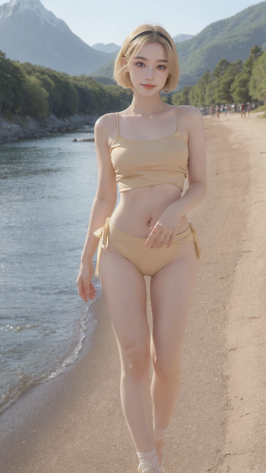 (masterpiece, best quality), pale skin, (baby face), Island beach background, (Off the shoulders, Short transparent top, Skinny briefs:1.3), (Skinny Thighs:1.9, Willow Yao, thin body, long legs, slim legs:1.9), short hair, (small, Lift your hips, straight leg navel, (Wide thigh clearance:1.6, wide gap between thighs:1.6), whole body forward, protrude, bulge, Camel toe bump, (Facing Teenage Barbara Palvin)