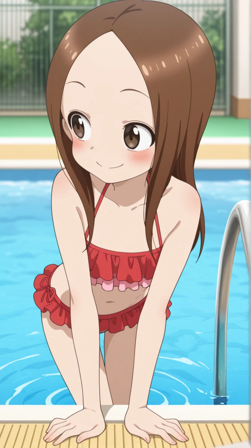 <lora:TakagiV-10:1>, Takagi1, 1girl, solo, looking at viewer, navel, standing, swimsuit, sidelocks, bikini, frills, hair bun, grin, flat chest, blurry background, side-tie bikini bottom, arms behind back, single hair bun, forehead, red bikini, frilled bikini, pink bikini