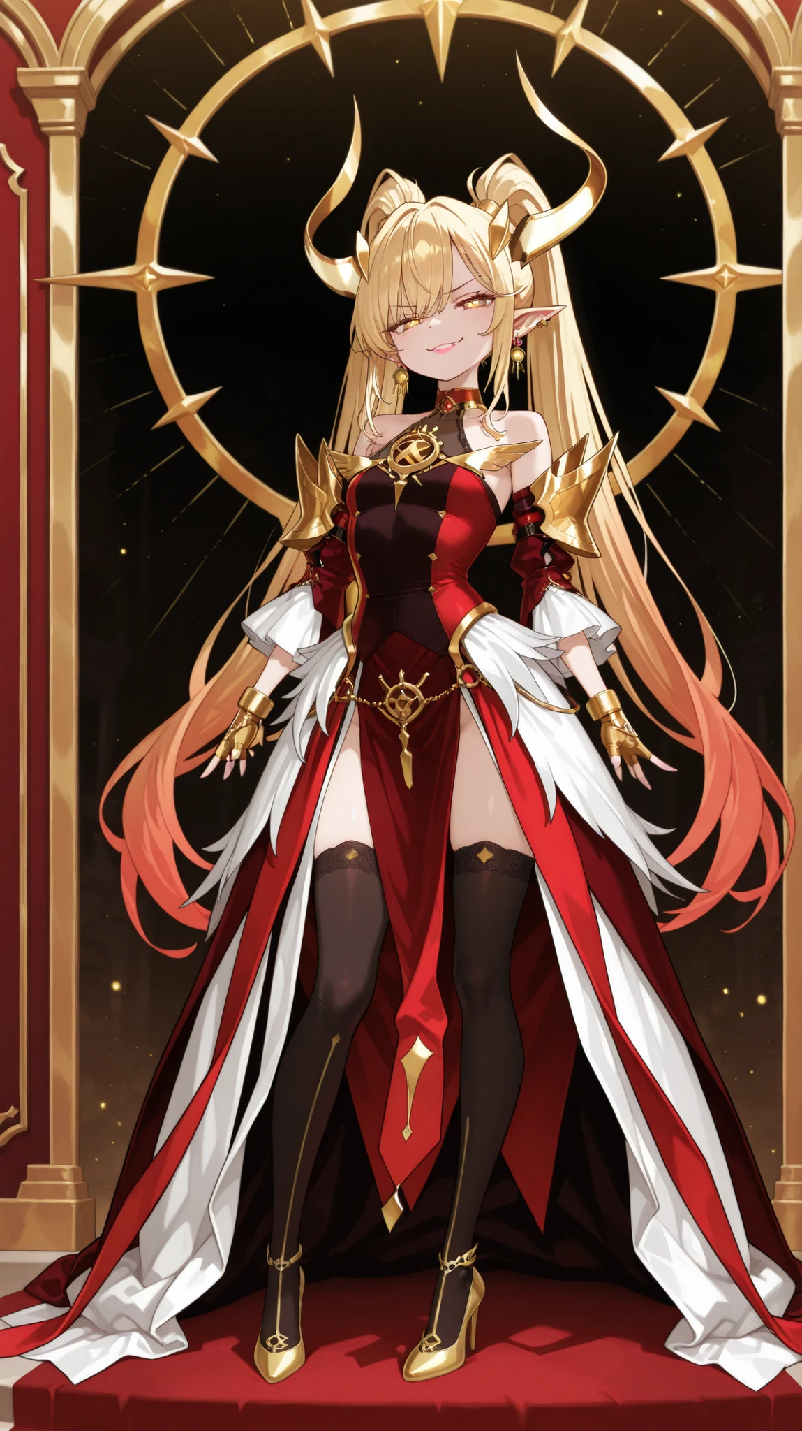 Masterpiece、anime style、best quality、high resolution、4k,Battle mage(Battlemage_Neopresencia style),Full body portrait,gradient blonde long hair,Aho,Red vertical pupils,Devil Horns, double ponytail,Pointed ears,black and gold gorgeous noble goth dress,split sleeve with bare shoulders,black thigh socks with yellow heels, fingerless gloves,jewelry earrings and hair accessories,Smirk(close lip,Pink lip saturation 0.8)