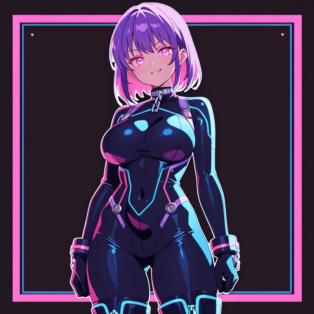 1girl, breasts, large breasts, wide hips, bodysuit, black bodysuit, futuristic, tech, machinery, science-fiction, pubic tattoo, ((pubic tattoo)), heart-shaped pupils, serious, pink trim, pink hair, neon trim, pink neon trim, hypnosis, mind control, pantyhose, very short hair, nsfw, full body, ((full body))