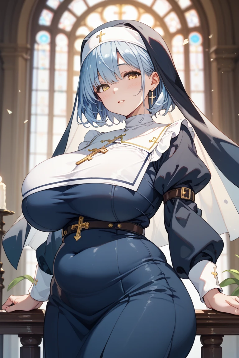 ((cathedral background)),1 girl! Ray tracing, best shadows, high resolution (dim lighting) blue hair, plump and slender girl, (girl wearing white shirt, black wrinkled skirt, with black transparent pantyhose), showing a delicate slim figure and graceful curves, correctly positioned and reasonable limbs! facial details! Delicate facial features, pay attention to the position details of the legs! Pay attention to hand details! High quality! More eligible! Reduce errors, ultra-detailed CG, more reasonable picture! Delicate finger detailing,((blue medium hair)),((White Maid Costume)),blue eyes,((whole body)),whole body,((White Maid Costume)),((White Maid Costume)),evil smile,((cathedral background)),((cathedral background)),