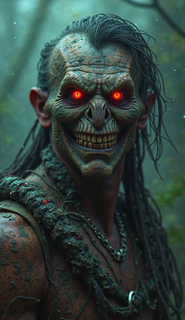 Gender:Male Skin Color:Brown Base Appearance:scars on the body,Teeth like a vampire, scarlet eyes, various ritualistic tattoos on the body Hair: Dreadlock, offwhite, Hair length is Medium/Small Physical Composition Base: Christian Bale in The Machinist Clothing:tooth necklace, Manto offwhite com abertura no meio