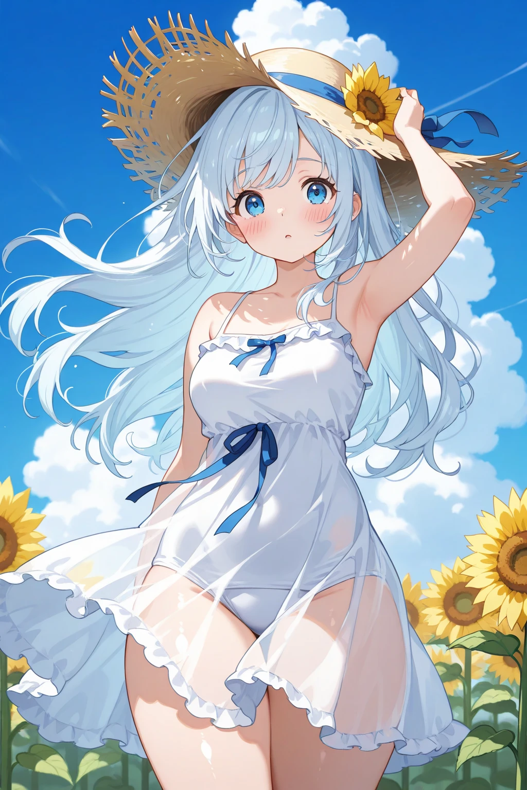 Best image quality,１People Girl,Silver Hair,Long Hair,Shiny Hair,black eye,Shining Eyes,smile,Double teeth,(Sunburn,Bikini Bag),sunflower,stream,Water Play,Wet,Tank top,See-through mini skirt,girl,small,small breasts,Navel Fashion