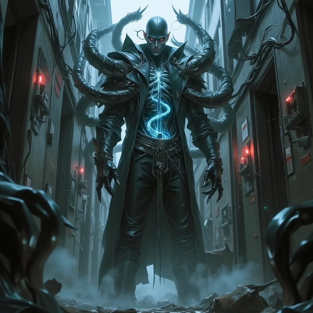 A painting shows a man struggling in the dark,Wriggle towards where there is God's light,Behind him is unknown in the darkness,Tentacles with mucus(Tentacles of destiny)Attack him,His expression was terrified。