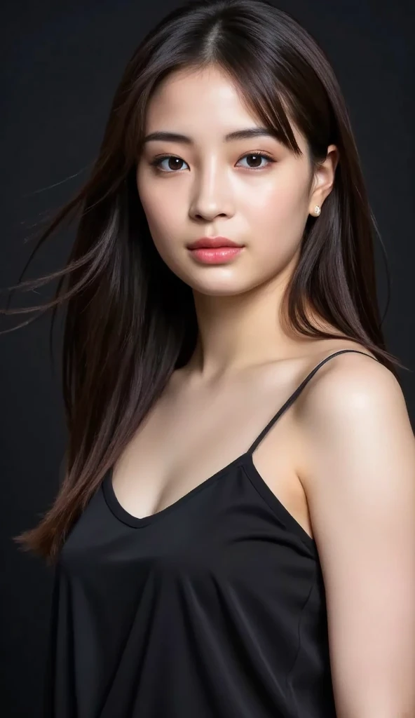 (black t-shirt), sleeveless t-shirt, cleavage, white sjort skirt, looking at camera, front view, long hair, bangs, (detailed face), at classroom, tempting pose, potrait body, mouth closed, smiling, black eyes, 1 girl, 20yo,Young female,Beautiful Finger,Beautiful long legs,Beautiful body, Beautiful Nose,Beautiful character design, perfect eyes, perfect face,expressive eyes,perfect balance, (looking at viewer), Bright_Front_face_Lighting,White skin, (masterpiece:1.0),(best_quality:1.0), ultra high res,4K,ultra-detailed, photography, 8K, HDR, highres, absurdres:1.2, Kodak portra 400, film grain, (vibrant_color:1.2),professional photograph, (Beautiful,huge_Breasts:1.4), (beautiful_face:1.5),(narrow_waist)