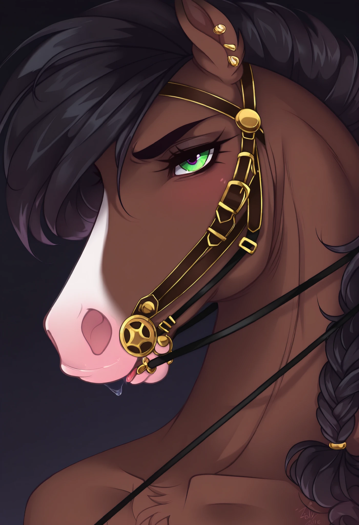 rating:safe, 1character, bridle, animal_face, leather_straps, expressive_eyes, solo, horse, long_mane, detailed_fur, looking_at_viewer, dark_background, portrait, by Zilya, watermark, serious_expression, closed_mouth, fur_texture, white_fur, brown_fur, moody_lighting, close-up, face, head_tilt, dark_muzzle, visible_ears, collarbone_hint, web_address, metal_bits, reins, eye_shadow, eyebrow_detail, blush, subtle_light, no_tongue, subdued_color, thick_eyebrows, signature, facial_markings, horse_muzzle, blue_eye, piercing_gaze, messy_mane, visible_nostrils, gradient, muted_colors, long_face, white_blaze, dark_shadow, mane_flow, detailed_lines, neck_muscle, serious_mood, shirtless, patreon_username, muzzle_shadow, black_nostrils, patreon_logo, visible_mane, equine_face, structured_anatomy, short_ear_fur, shiny, upper_body, fur_shading, facial_contour, realistic_shape, anthro_horse, furry, ribbon_detail, solemn, multicolored, half-closed_eye, chestnut_fur, frowning_expression, v-shaped_eyebrows, dark_eyes, chromatic_aberration, blurry, strong_presence, bloodless, character_name, muzzle_highlight, looking_away, nose, horse_anatomy, black_hair_tips, muted_palette, single_eye_visible, white_stripe, low_contrast, saliva-free, thick_features, depth_of_field, striped_reins, leather_texture, bit_in_mouth, low_saturation, :q, silver_ring, swept_mane, bloodless_theme, equine_gaze, sparkleless_eyes, looking_to_the_side, subtle_braid, facepaintless, neutral_expression, empty_background, original_character, dark_fantasy_style, heartless, brown_shading, feather_detail, ahoge_absent, company_name, mane_details, ;p_absent, no_heterochromia, forehead_shading, whiskerless, gradient_fur, no_makeup, mane_ribbon, backlighting, fur_focus, light_smile_absent, dated_signature, ears_forward, green_tone_absent, clawless, 2016_tag_removed, wavy_lines, copyright_name_removed, intense_gaze, no_text, blurry_background, gray_palette, shaded_face, curved_mane, mascara_absent, sunflower_removed, eyes_cl