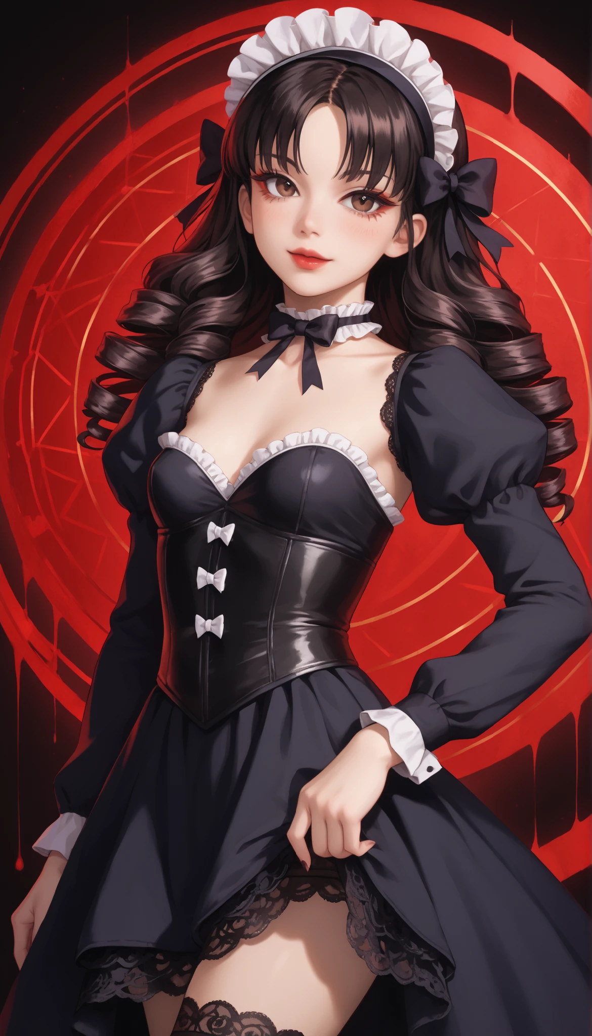 (ultra-detailed), (Ultra-high resolution), (8k), (HD), (High Quality), (Top quality), (High-Detailed), (Detailed CG), (Cinematic Shadow:1.0), (Beautiful Detailed Eyes), (Ultra Resolution), (Depth of Field), (High Resolution), (Masterpiece), (best quality), (amazing quality), (very aesthetic), (perfect eyes), (Anime Art style), (look at viewer), (cowboy shot), 1girl, gothic ta, Tomie, (solo:1.4), long jet black hair styled into dramatic, flowing twin tails (drill tails) that cascade down both sides, each curl perfectly sculpted and voluminous, symmetrical and elegant, with sharp straight-cut bangs across the forehead and soft sidelocks framing the face, large, expressive anime-style brown eyes with a soft glossy sheen, slightly glassy and reflective, surrounded by long dark lashes, subtle dark circles or puffiness beneath the eyes for a delicate, melancholic look, slightly widened for a doll-like appearance, pale white face make, sickly puffy eyes, red glossy lips, A gothic ta girl in a highly detailed black and white dress made of soft cotton, velvet, and intricate lace. A tightly laced black lace corset with delicate white satin ribbons and fine black lace overlay. Her voluminous long black sleeves are puffed and trimmed with layered white frills and ruffled lace. She wears a flowing black velvet overskirt with ornate lace panels and an underskirt of layered white ruffled fabric. The design includes abundant lacework and frilly accents throughout. She wears thigh-high white lace-trimmed stockings, tall black lace-up boots, a large black lace bonnet adorned with floral embroidery and bows, and a delicate black lace choker. The overall look is rich in fabric texture, elegant and darkly romantic, small breasts, slender build, long slender legs, standing in a elegant pose, hands by side, arms by side, a gothic Versailles-inspired background with melancholic atmosphere, dynamic angle