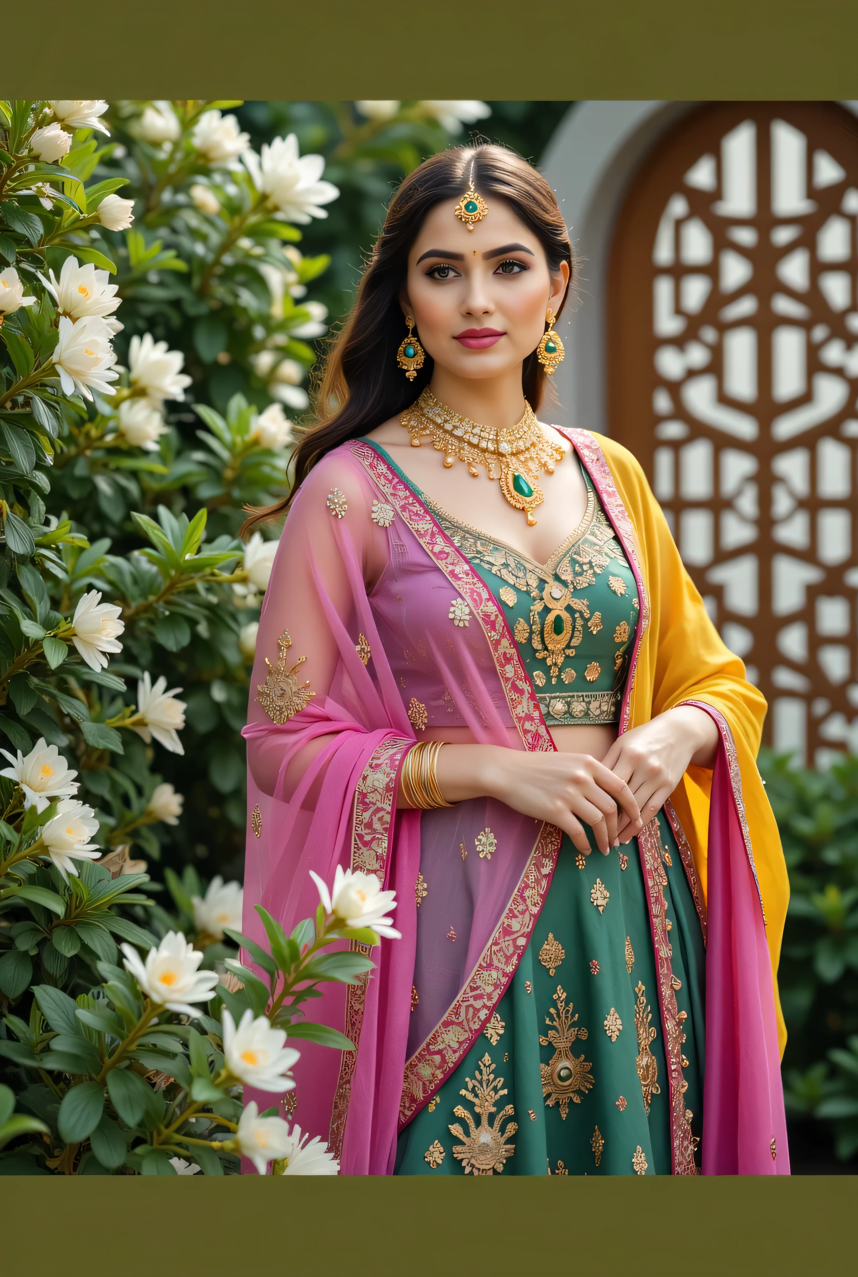 A beautiful Indian woman seated gracefully in an outdoor floral setting, wearing a traditional lehenga-choli ensemble with a richly embroidered magenta blouse, deep green skirt, and mustard-yellow dupatta draped across her shoulder. Her look is enhanced with intricate gold jewelry, including layered chokers, jhumka earrings, stacked bangles, and an emerald pendant. Her makeup is professionally applied with bold lips, defined eyebrows, and contoured cheeks. She has a symmetrical oval face, flawless skin, and flowing, softly curled dark brown hair. The backdrop features blooming white flowers and ornate wooden lattice panels, creating a serene and regal garden atmosphere. Studio-quality lighting with a cinematic bokeh foreground. Full-body composition, elegant posture, poised expression, royal Indian ethnic fashion, high realism, editorial photography style. high detail, DSLR quality, fashion editorial, traditional Indian attire, natural garden light, soft shadows, ethnic elegance, jewelry detail, realistic rendering, studio background bokeh