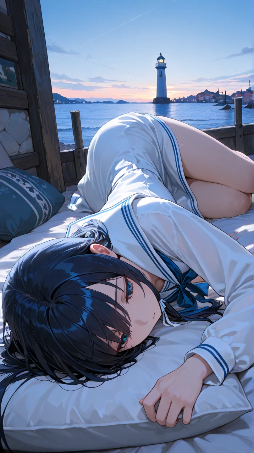 from back, ass, 1 girl in grey school uniform with a belt, laying on ground, closed eyes, ecchi anime style, detailed full body, thigh-high socks, micro mini skirt, (torn clothes, white panties:1.1), sailor collar, scenery, explosion
