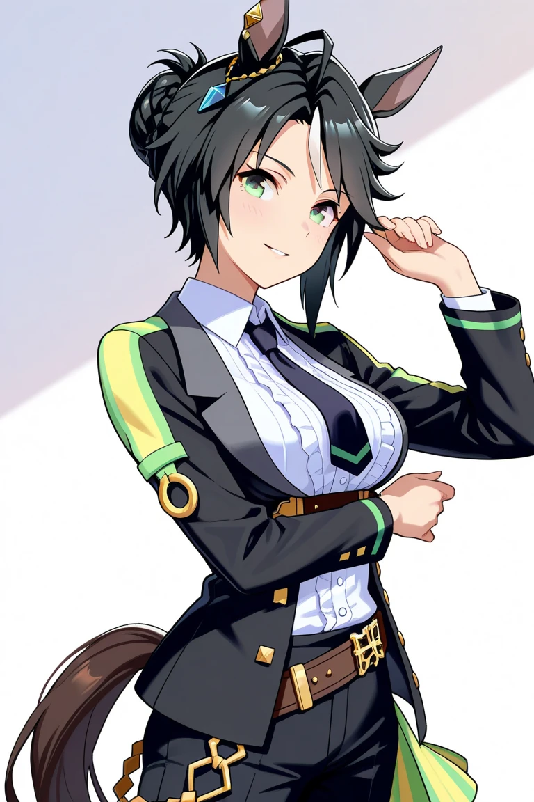 NSFW, ((highest quality)), (High resolution), Fuji Kiseki \(umamusume\), 1 girl, (Front view), big breasts, horse tail, blush your nose, enchanting smile, white dress shirt, open front shirt, cleavage, showing nipples under white shirt, black jacket, black tie, belt, black pants, black gloves, running, playground, motion blur