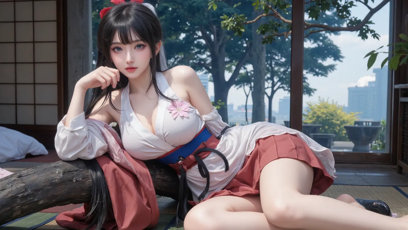 最high quality、high quality、Best image quality、8k、最High resolution、High resolution、最high quality、masterpiece、RAW Photos、whole body写真、Detailed and realistic human body、Detailed and realistic skin、Realistic face in every detail、Realistic reproduction of every detail、Detailed and realistic lips、Detailed and realistic teeth、Detailed and realistic ears、Detailed and realistic hair、Detailed and realistic weapons、Realistic reproduction of every detail、Realistic fingers in every detail、(Beautiful Hands、thumb1reference4)、Realistic feet down to the last detail、((Beautiful Japanese Girl))、(Japanese Model), (Japanese women)、((18 year old beautiful girl))、((Touhou Project(A girl who looks like Reimu Shinrei)、(Black Hair)、(Random Hairstyles))、((whole body))、((Beautiful upward-facing breasts))、(Stylish style)、(whole body光沢肌、Fair skin)、(Soft natural light)、Japanese tradition、Japanese garden、((Touhou Projectのコスプレ衣裳(A girl imitating Reimu Kanrei))、((Skin-tight see-through costume))、((Relax in the garden(Poses to make your thighs look beautiful))