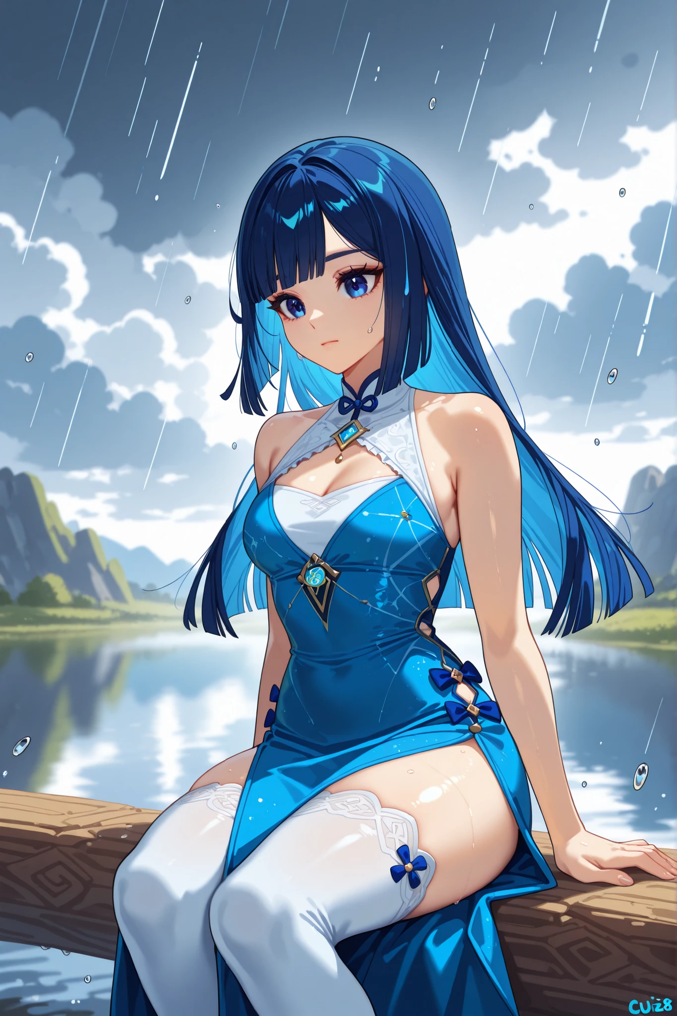 a high-quality digital drawing, clean and sharp details, anatomically correct, ((vibrant colors)), 1girl, ((cg lighting)), (masterpiece), (8k quality), (top rated on pixiv), (cutiepie), sfw, (genshin impact style),

break,
((beautiful round face)), ((detailed and vibrant blue eyes)), naturally curved eyelashes, small and subtly defined nose, (natural beauty and charm), (fair skin),

break,
((medium length straight blue hair)), (natural waves), smooth bangs,

break,
((outfit: long, tight and sleeveless white chinese witch dress with blue accents)), ((chest 33 inches)), ((waist 23 inches)), ((hips 28 inches)),

break,
((sideview)), (calm expression), (frilly white thigh-high socks), ((sitting near a beautiful lake)), (cloudy sky with a few rain drops), (depth of field)