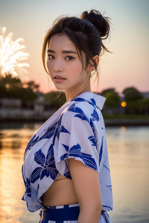 (Highest quality, 8k, masterpiece: 1.3),double eyelid Fine grain Highly detailed face and skin Beautiful legs Fireworks display yukata