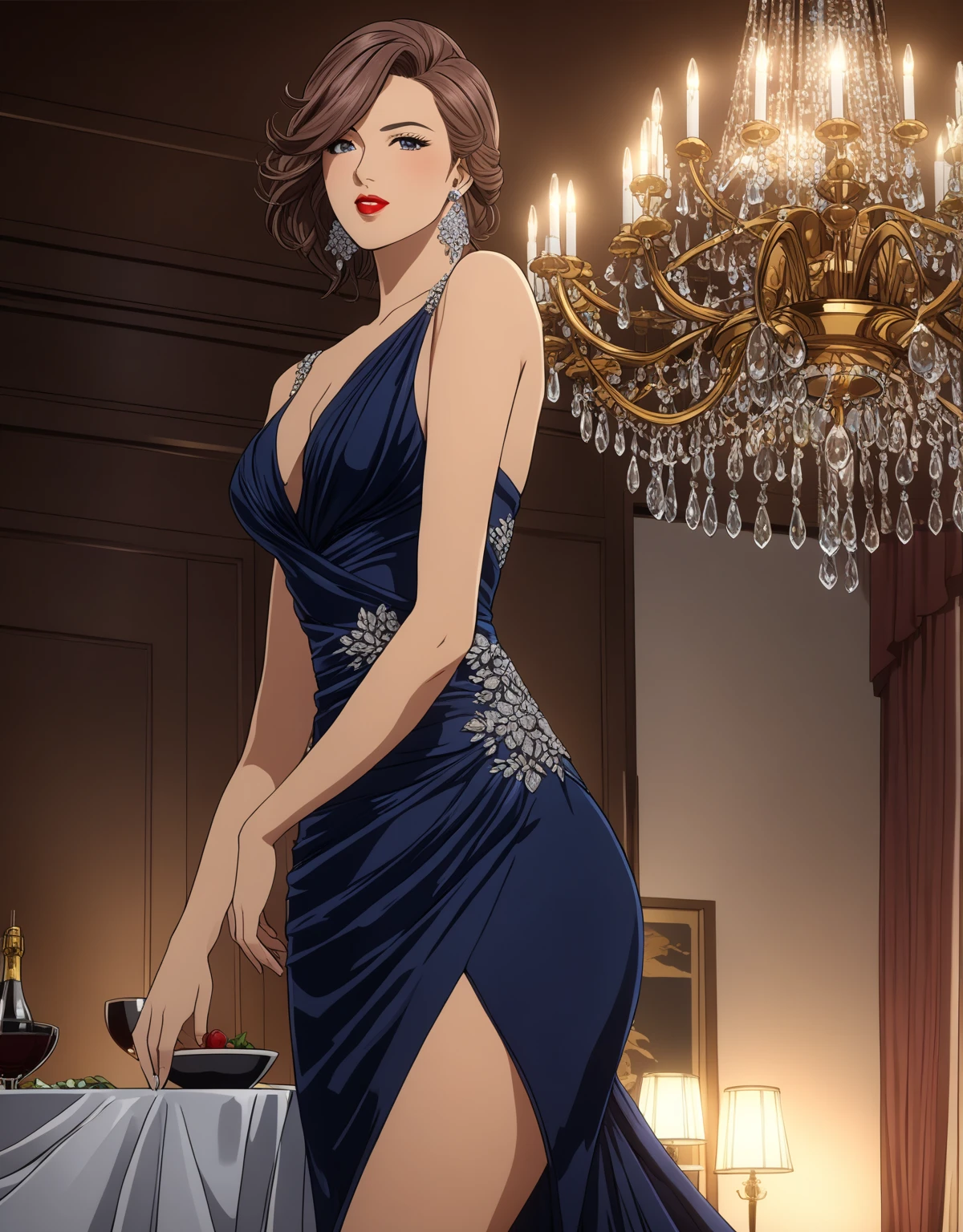 (best quality, 4k, masterpiece:1.2), ultra-detailed, (anime, manga, Tsukasa Hojo style:1.37), 1 woman, elegant evening gown, curvy figure, luxurious fabric, sophisticated hairstyle, chandelier earrings, cocktail setting, warm lighting, rich colors, beautiful detailed eyes, beautiful detailed lips, extremely detailed eyes and face, long eyelashes