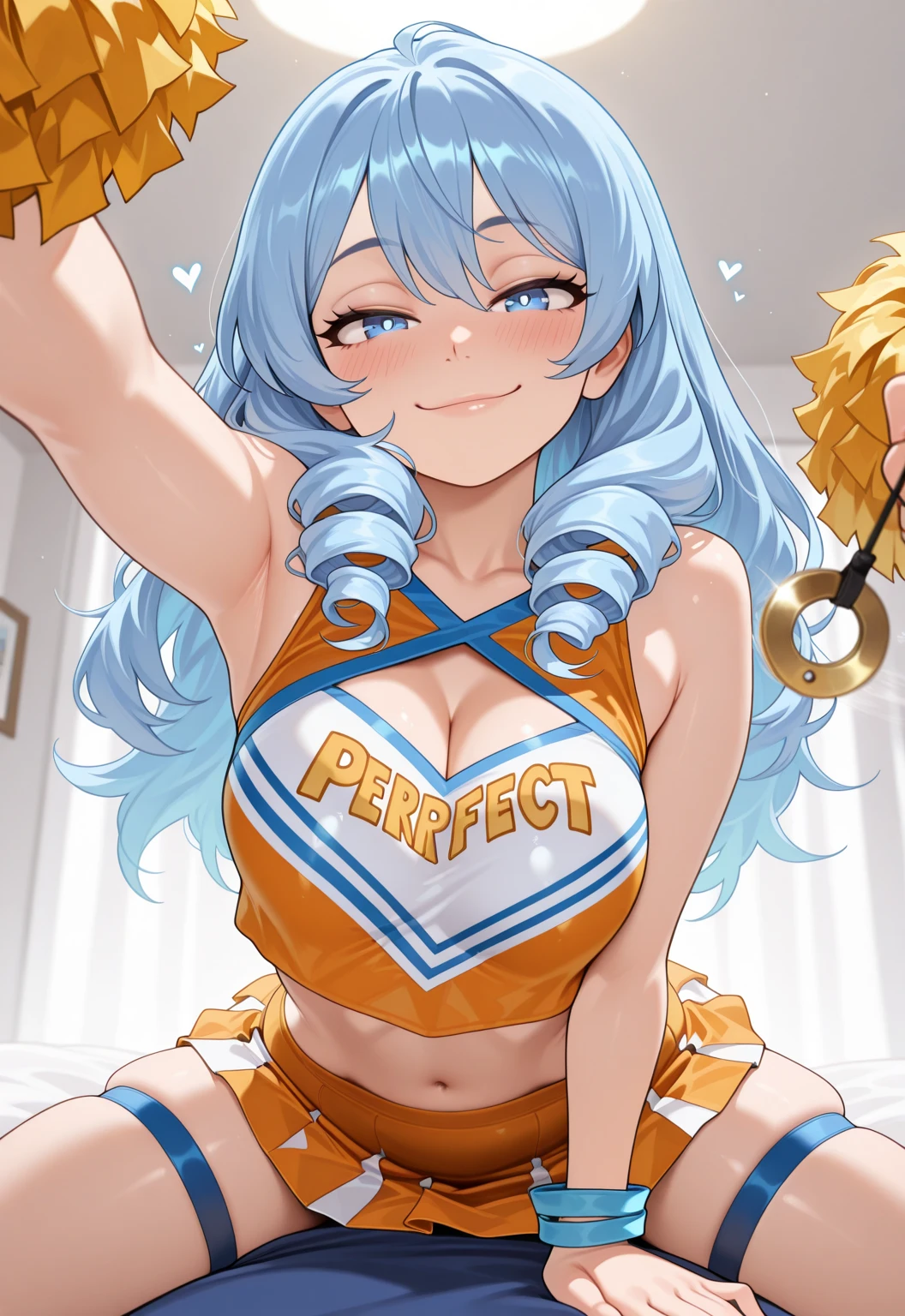 32k, master piece, best quality, BULMA, in full body photo in sensual pose, big breasts, marked nipples, body full of sweat, wet clothes, wearing a long ponytail, with red ribbon in her hair, blue pencil miniskirt with yellow, blue top with yellow edges, under the chest, in shoulder pose, white panties, with raised and round buttocks, smiling at the camera, with open mouth, on a basketball court.