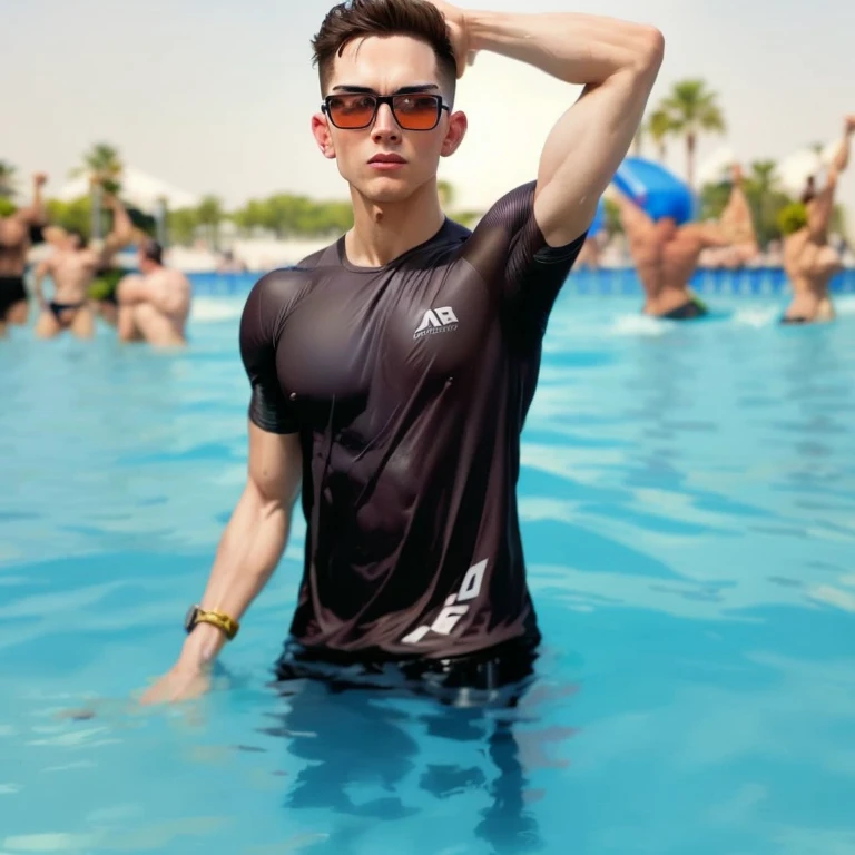 An 25-year-old philippines muscular male model, a handsome hunk with messy short flat hair, smiling at the camera, with well-developed muscles and a strong body. He was naked, wearing a tight black leather thong with a bulging crotch, exposed pubic hair and a serious look on his face. Standing in the swimming pool, he had handsome features and a delicate face. On his body, he has a naturally tall and straight figure, a handsome face, exquisite and beautiful details, a cute face, bright skin, a beautiful and harmonious face, beautiful and harmonious eyes, 8K, high quality, masterpiece
