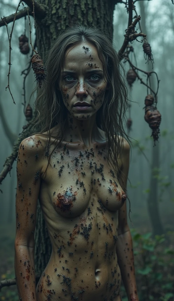 Create a picture of a zombie hiding behind eucalyptus trees 