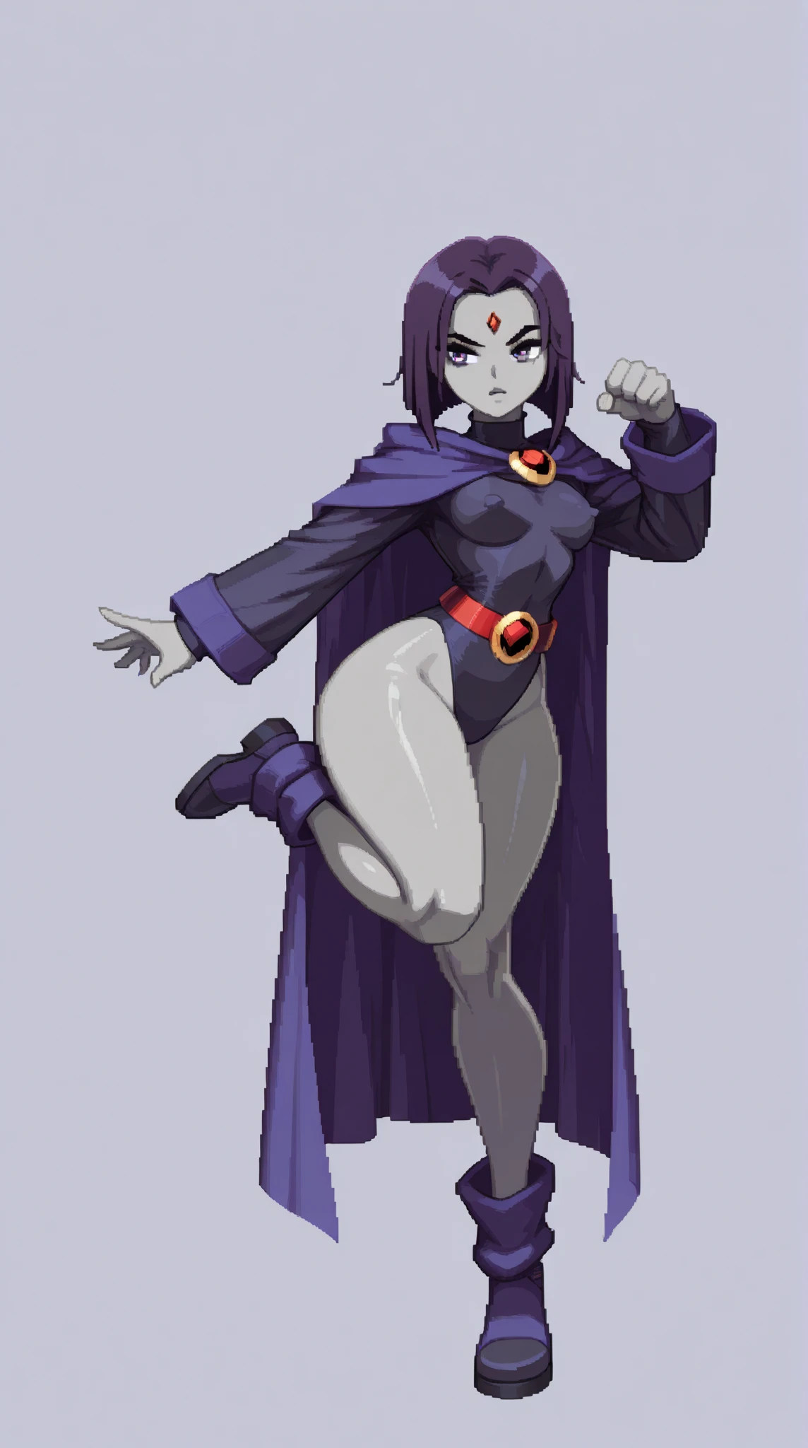 (solo:1.1),(masterpiece), (best quality:1.3), ultra detailed, intricate, professional art, digital art, absurdres, shadraven, (Full body view:1.1), 1girl, solo, (grey skin:1.4), dark purple hair, bob hair, dark purple eyes, hips wider than shoulders, pear shaped body, jewellery, detailed thighs, (thick thighs:1.3), red jewel in forehead, jewels, (long sleeved turtleneck leotard:1.4), (Red jewel Belt), (red jewel brooch), cuffs, small breasts, nipple bulge, (raven long dark purple cloak), (Shadraven brooch:1.2), Shadraven jewel belt, Shadraven wearing a long sleeved leotard, long legs, ( long crotch bulge:1.4), large penis, large testicles, side view, looking at viewer, bubble butt , gluteal crease, universal lighting,